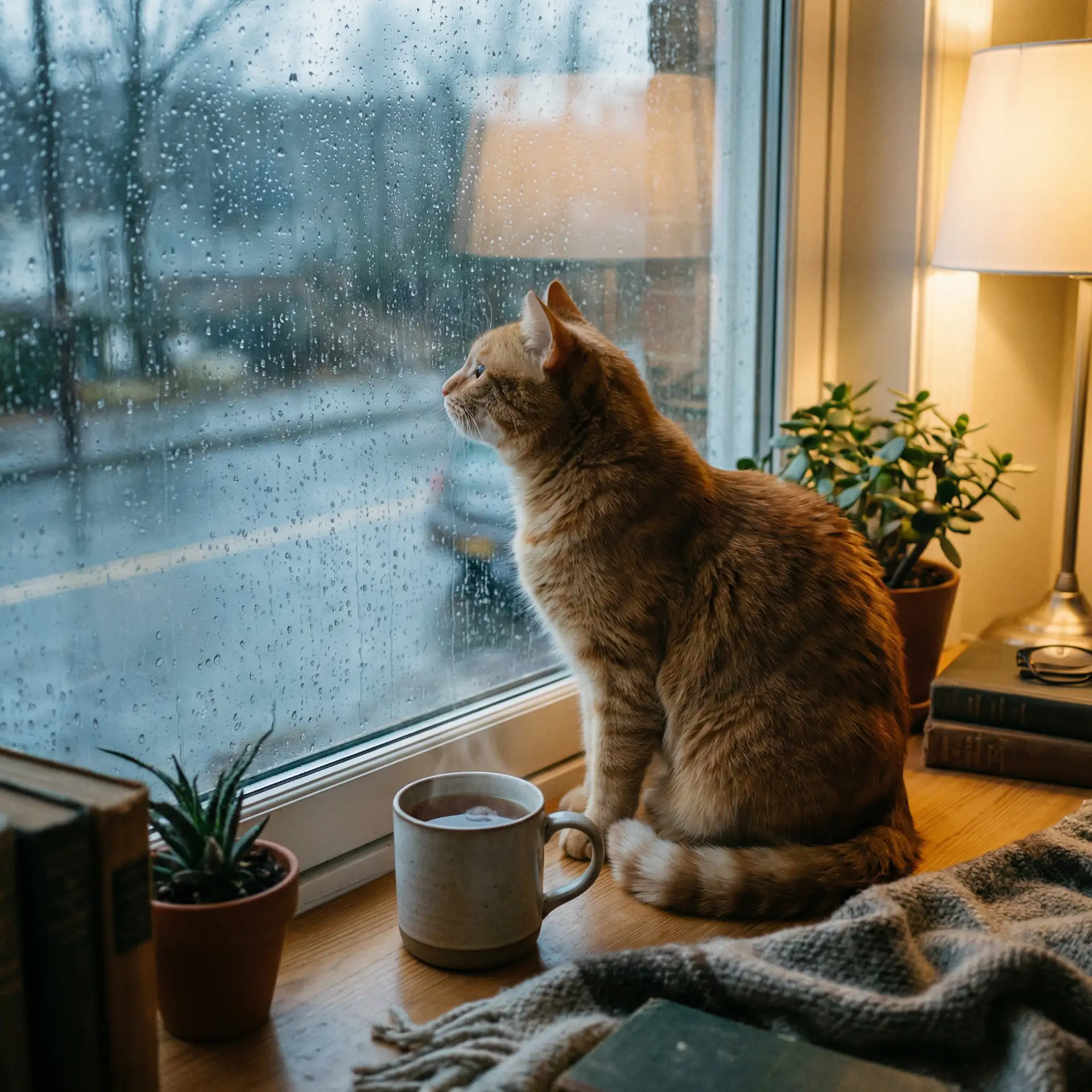 猫咪望着窗外的雨 - 动画片狮子王